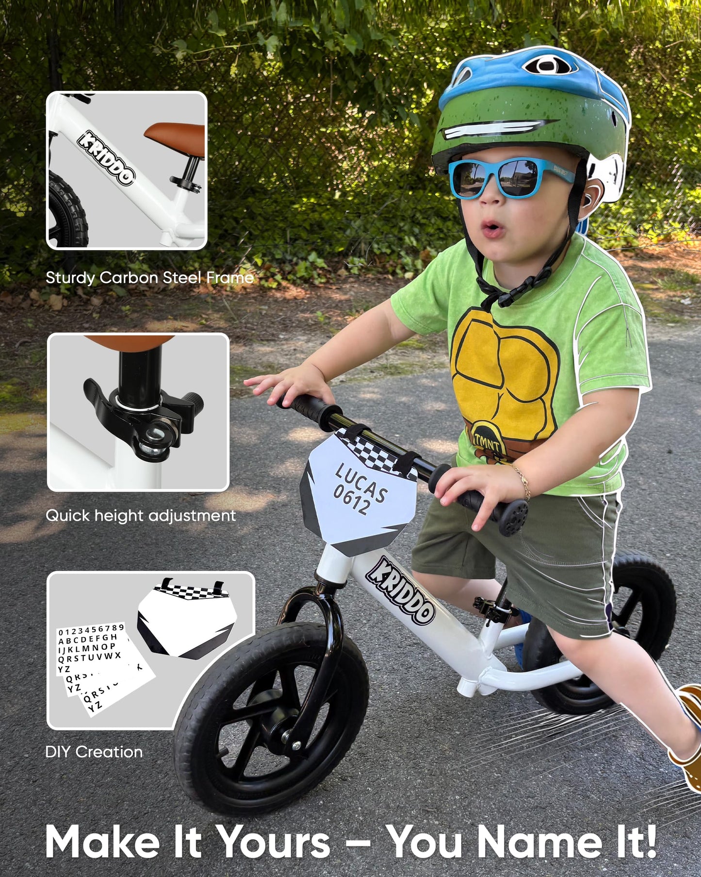 KRIDDO Toddler Balance Bike Age 2 to 5 Year Old, 12 Inch Push Bicycle with Customize Plate (3 Sets of Stickers Included), Gift Bike for 2-3 Boys Girls, White