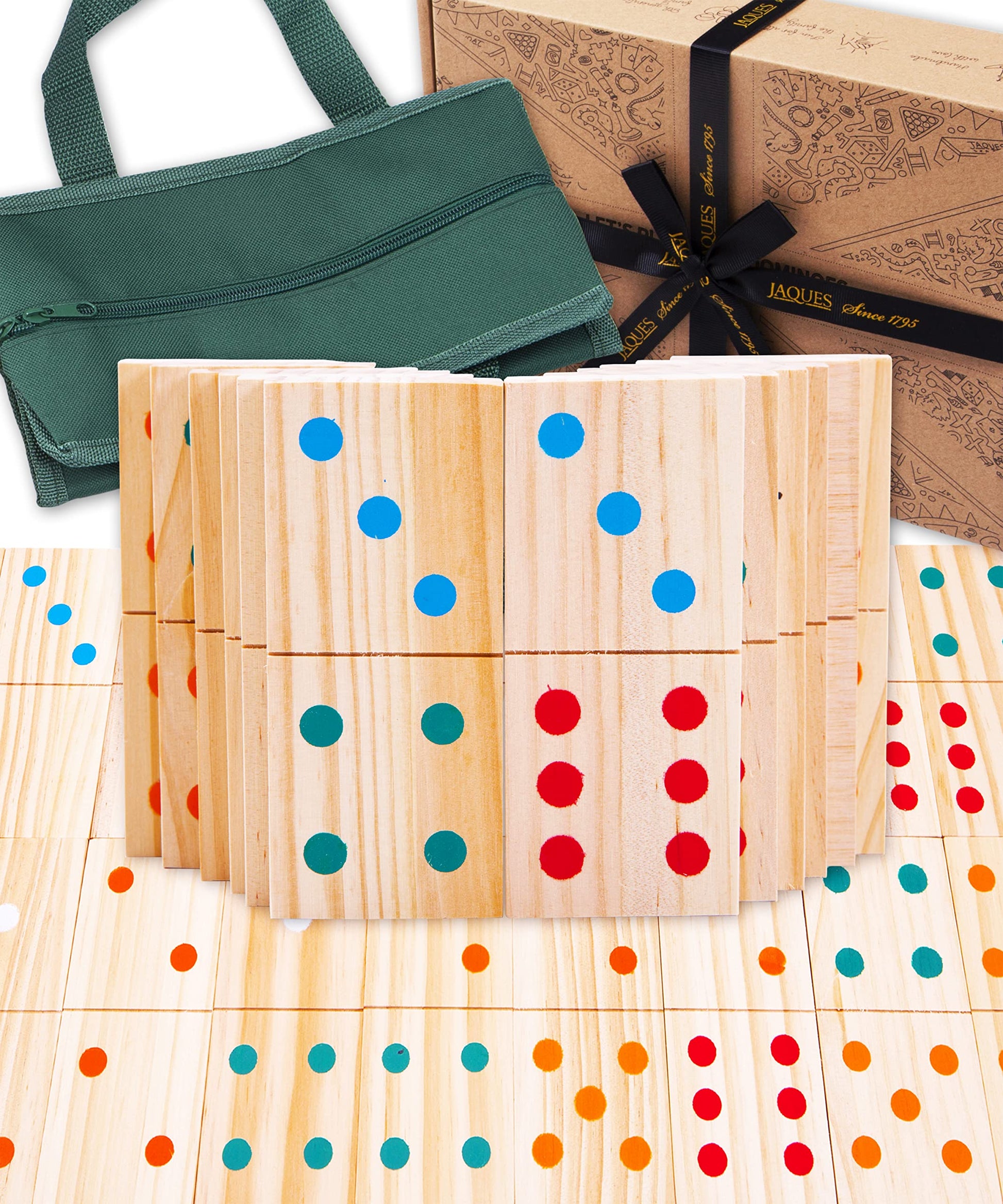 Set of Jaques of London wooden giant dominoes for kids, outdoor garden game with large, colorful domino tiles for children’s play.