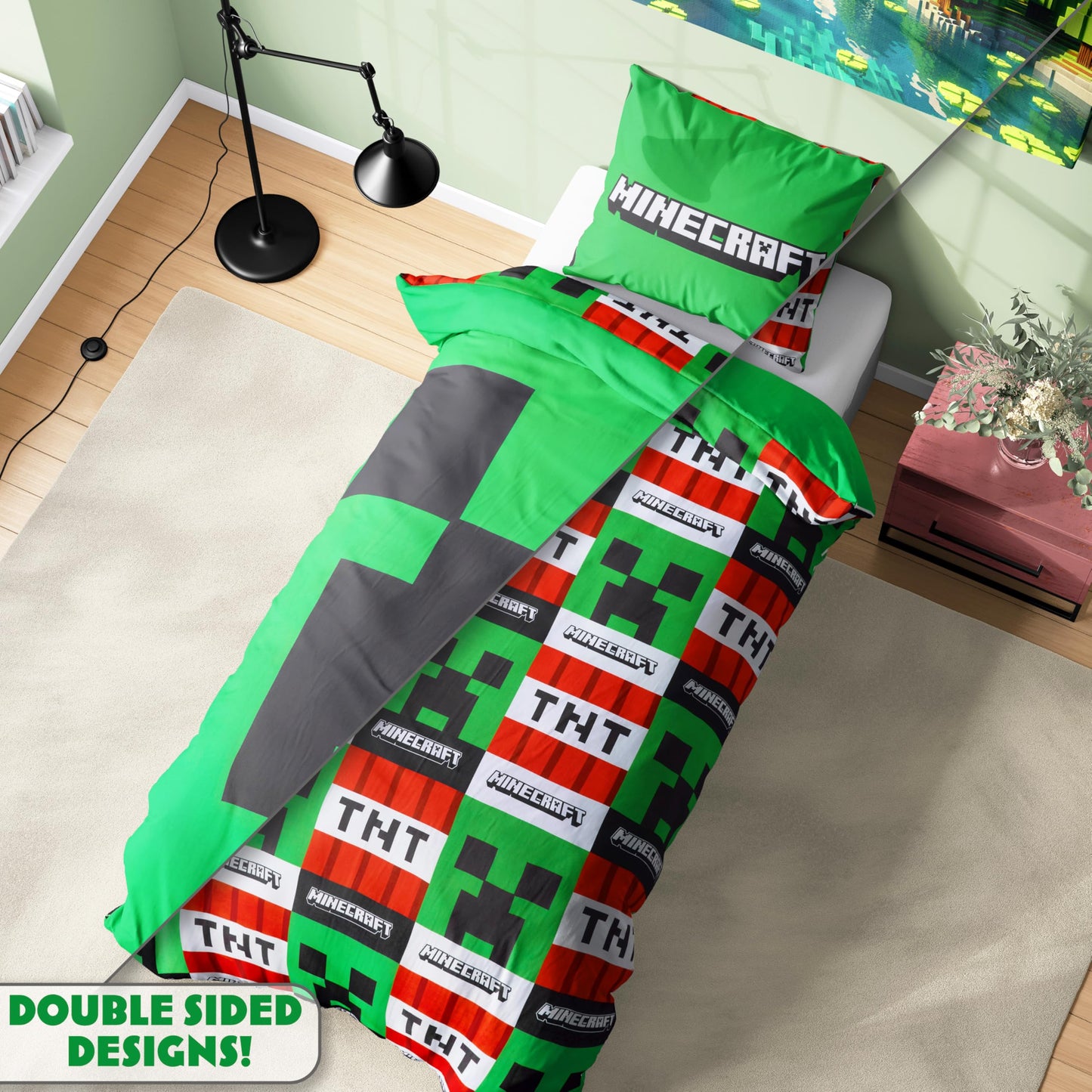 Get Trend Minecraft Single Duvet Cover Set Kids & Teens, Reversible Bedding & Pillowcase for Boys & Girls, Bedroom Accessories, Anime Gifts for Boys (Green Minecraft, Single)