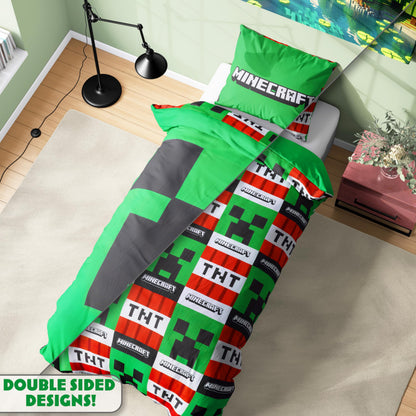 Get Trend Minecraft Single Duvet Cover Set Kids & Teens, Reversible Bedding & Pillowcase for Boys & Girls, Bedroom Accessories, Anime Gifts for Boys (Green Minecraft, Single)