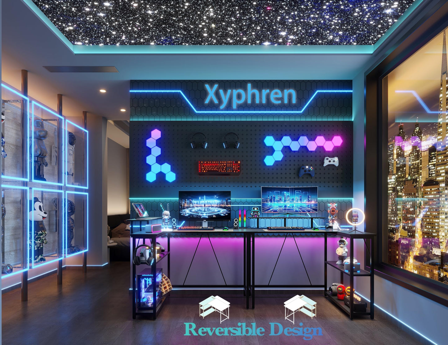 Xyphren L Shaped Gaming Desk with RGB LED Lights & Power Outlets, 100 cm Corner Computer Desk with Adjustable Shelves, Small Office Desk for Study Workstation, Carbon Black