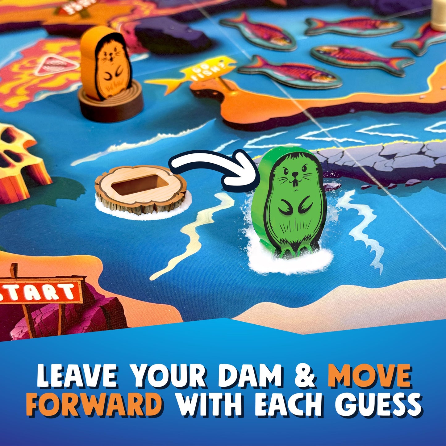 13 Beavers family board game by Format Games showing colorful beaver game pieces and a game board with river-themed design for kids and adults