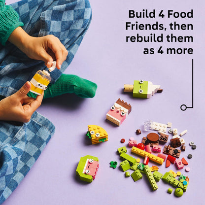 LEGO Classic Creative Food Friends playset featuring colorful bricks to build a cupcake, ice cream, avocado, and taco.