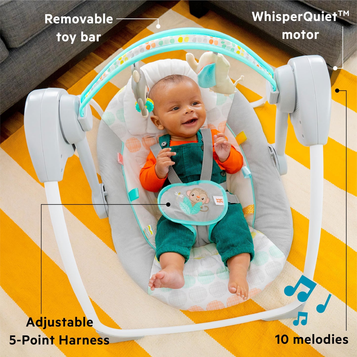 Bright Starts, Whimsical Wild Portable Compact Automatic Baby Swing with Music and Taggies, Removable Toy Bar with 2 Toys, Reclinable, 5 Point Harness, Newborn and up