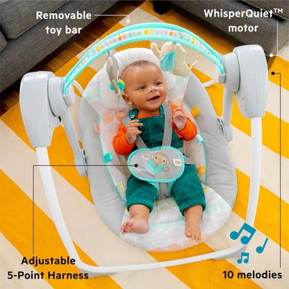 Bright Starts, Whimsical Wild Portable Compact Automatic Baby Swing with Music and Taggies, Removable Toy Bar with 2 Toys, Reclinable, 5 Point Harness, Newborn and up