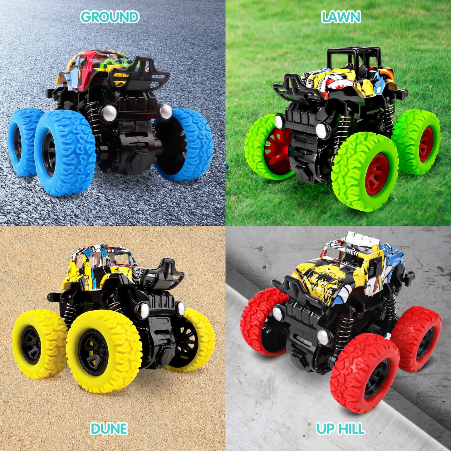 m zimoon Monster Truck, 4pcs Inertia Toy Cars 360° Rotation Friction Powered Off-road Vehicles Pull back car Christmas Birthday Gifts for 3/4/5/6 Years Old Toddlers Boys Girls