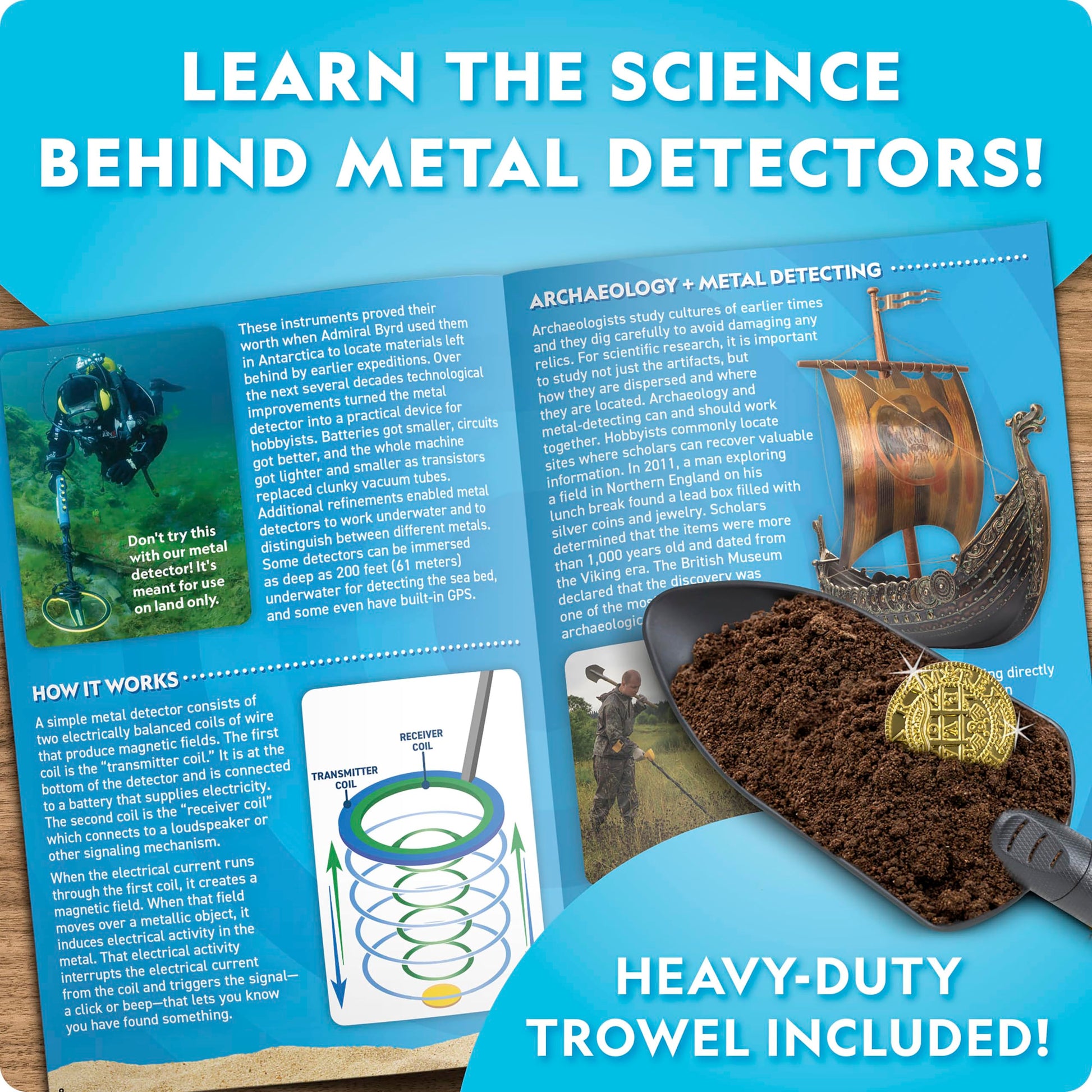 Blue Marble National Geographic kids metal detector kit with waterproof coil, trowel, ideal for gold hunting and beach exploration.