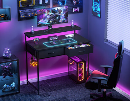 HOMIDEC Gaming Desk with Adjustable Monitor Stand, Computer Office Desk with 2 Storage Drawers, Gaming Table with Headphone Hook, Carbon Fibre Surface, for Gamers, Workers and Students, Black, 80cm