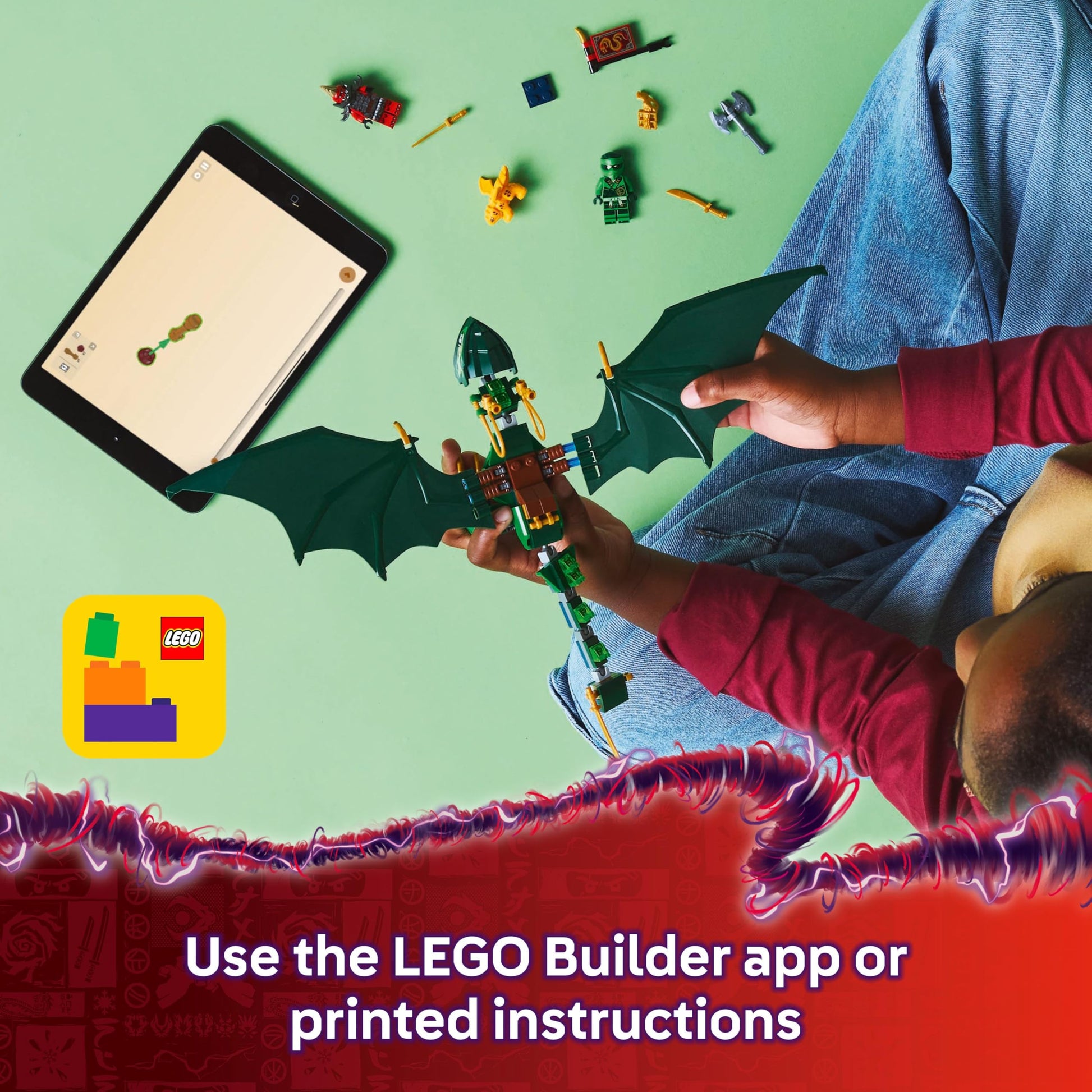 LEGO NINJAGO Lloyd’s Green Forest Dragon building toy with two minifigures for imaginative play and ninja-themed fun.