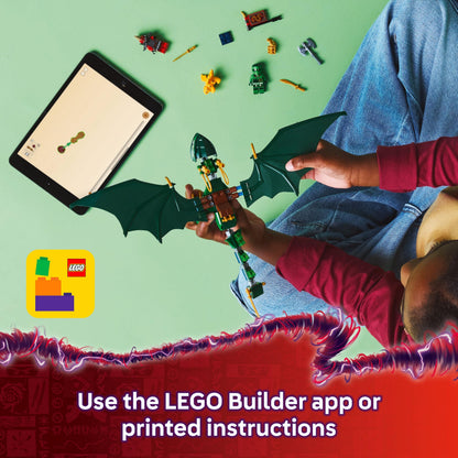 LEGO NINJAGO Lloyd’s Green Forest Dragon building toy with two minifigures for imaginative play and ninja-themed fun.