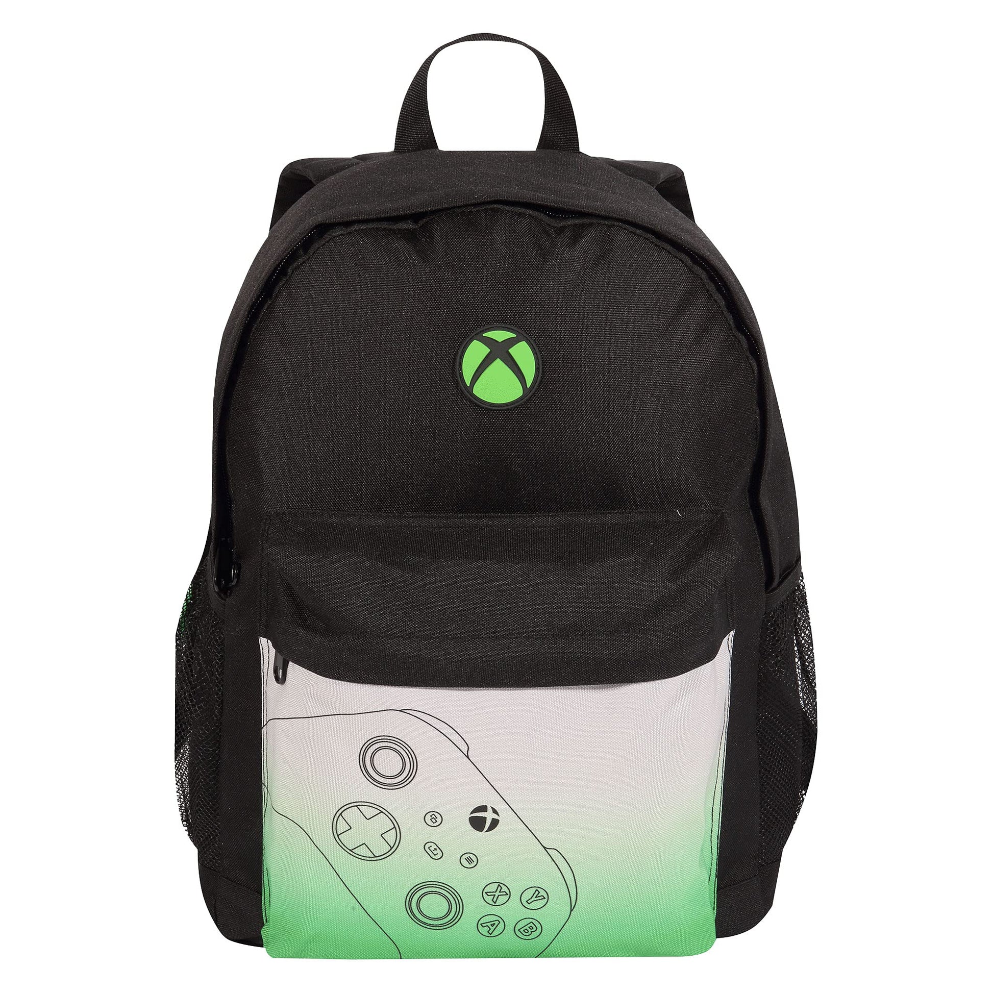 Green and black Popgear Xbox controller backpack for kids, featuring official merchandise design with adjustable straps.