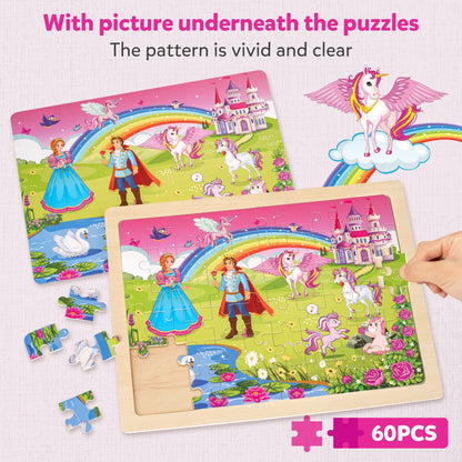 SYNARRY Wooden Princess Jigsaw Puzzles for Kids 3 4 5 6 7 8 Year Olds, 6×60 Piece Children Puzzles 4-8, Educational Toys Gifts for Toddler Children Girls Boys