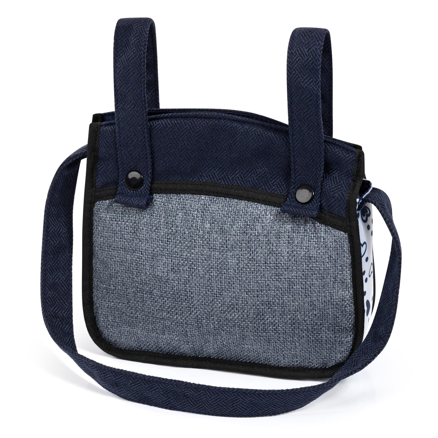 Bayer Baby Dolls Pram XEO in navy blue with ribbon, convertible doll pushchair, carrycot, changing bag, adjustable handle, for girls.
