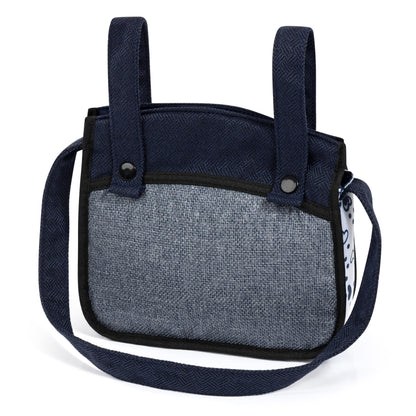 Bayer Baby Dolls Pram XEO in navy blue with ribbon, convertible doll pushchair, carrycot, changing bag, adjustable handle, for girls.