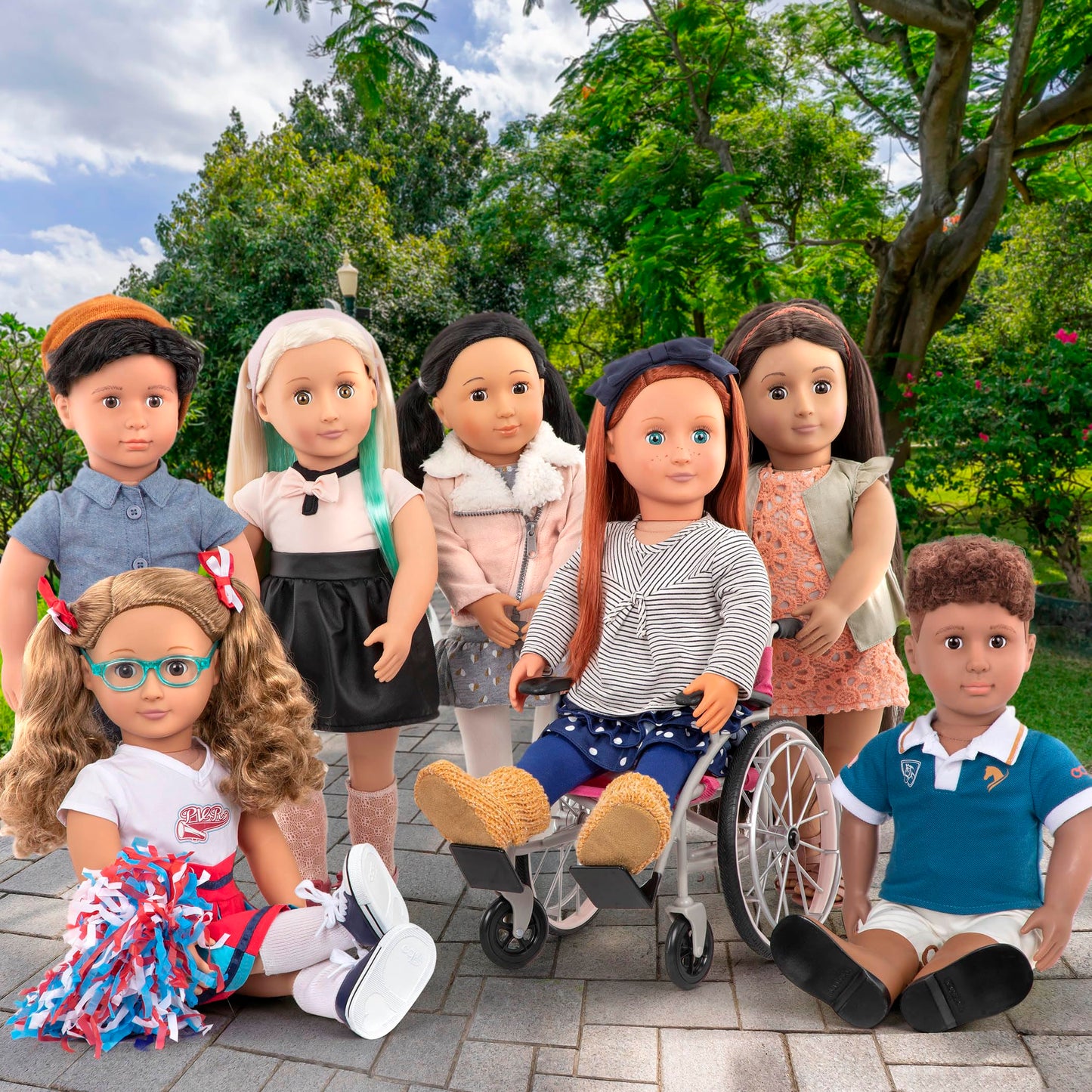 Our Generation Heals on Wheels Set with wheelchair and medical accessories for 18-inch girl dolls, 11 pieces displayed.