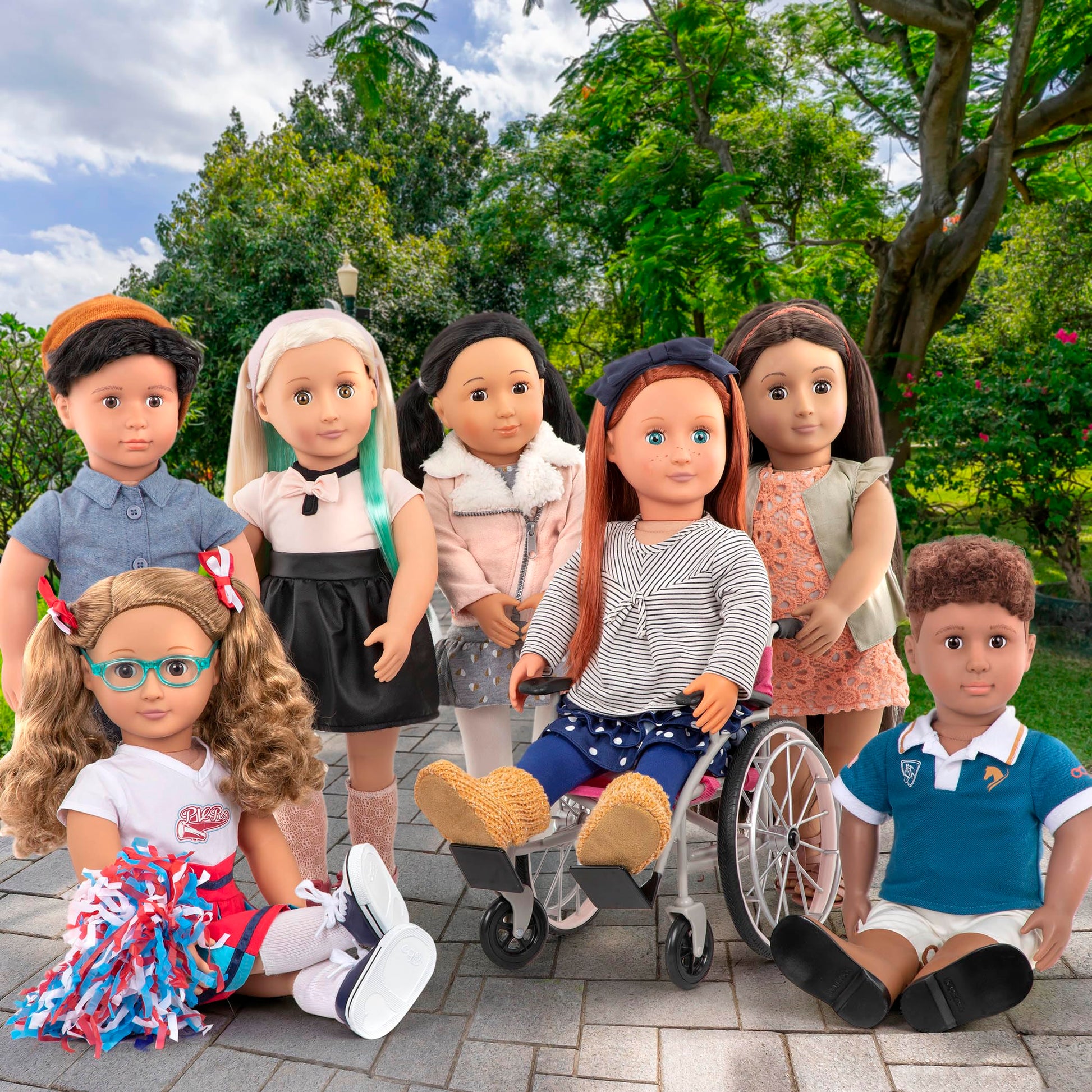 Our Generation Heals on Wheels Set with wheelchair and medical accessories for 18-inch girl dolls, 11 pieces displayed.