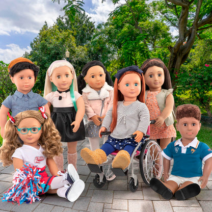 Our Generation Heals on Wheels Set with wheelchair and medical accessories for 18-inch girl dolls, 11 pieces displayed.