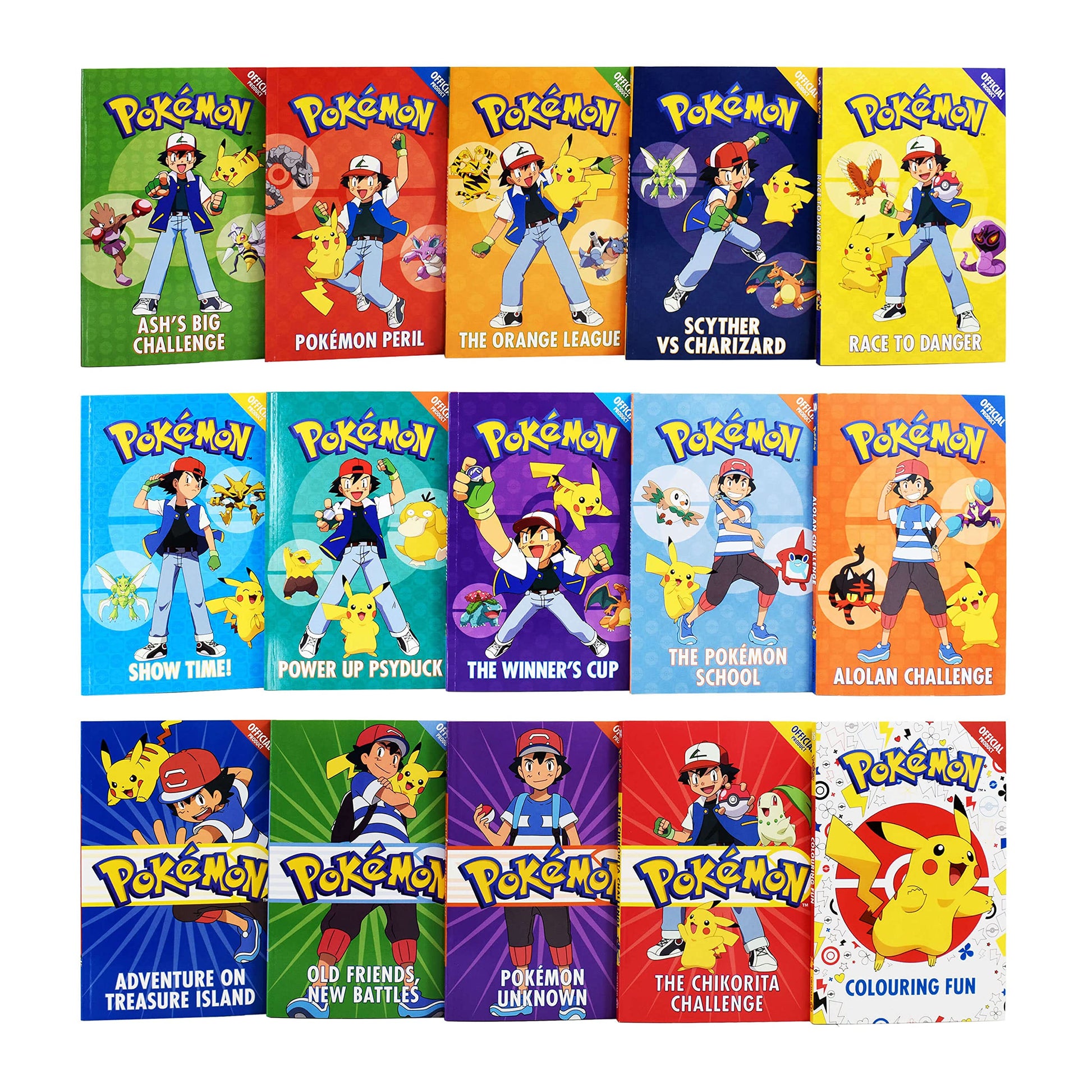 Pokemon Super 15 Book Collection by Orchard featuring colorful covers of popular Pokemon characters and stories.
