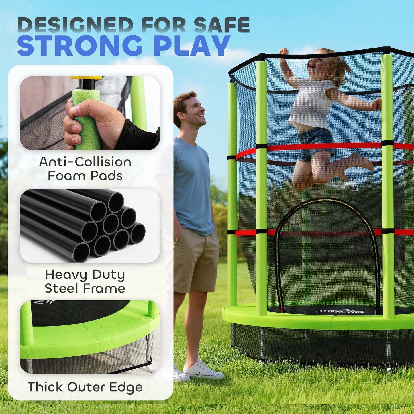 HOMCOM 4.6FT Kids Trampoline for Toddlers Indoor w/Enclosure Net, Steel Frame, for Ages 3-6 Years - Green