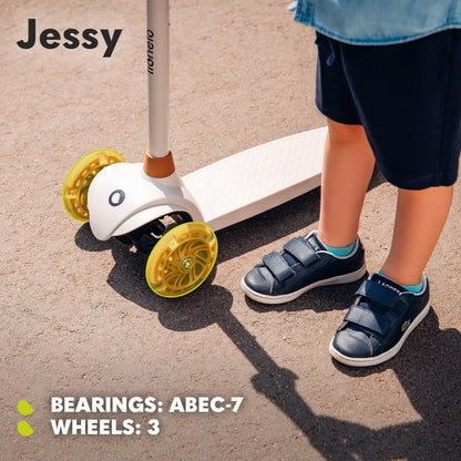 LIONELO JESSY kids scooter with LED light-up wheels, height adjustable, non-slip platform, and lightweight design.