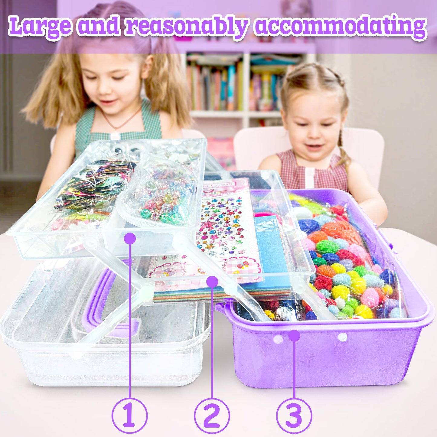 obqo 3000+ Pcs Art and Craft Box for Kids, Toddler Kids Craft Set Included Pipe Cleaners, Pom Poms, Feather, Folding Storage Box - All in One for Kids Craft Supplies (Purple)