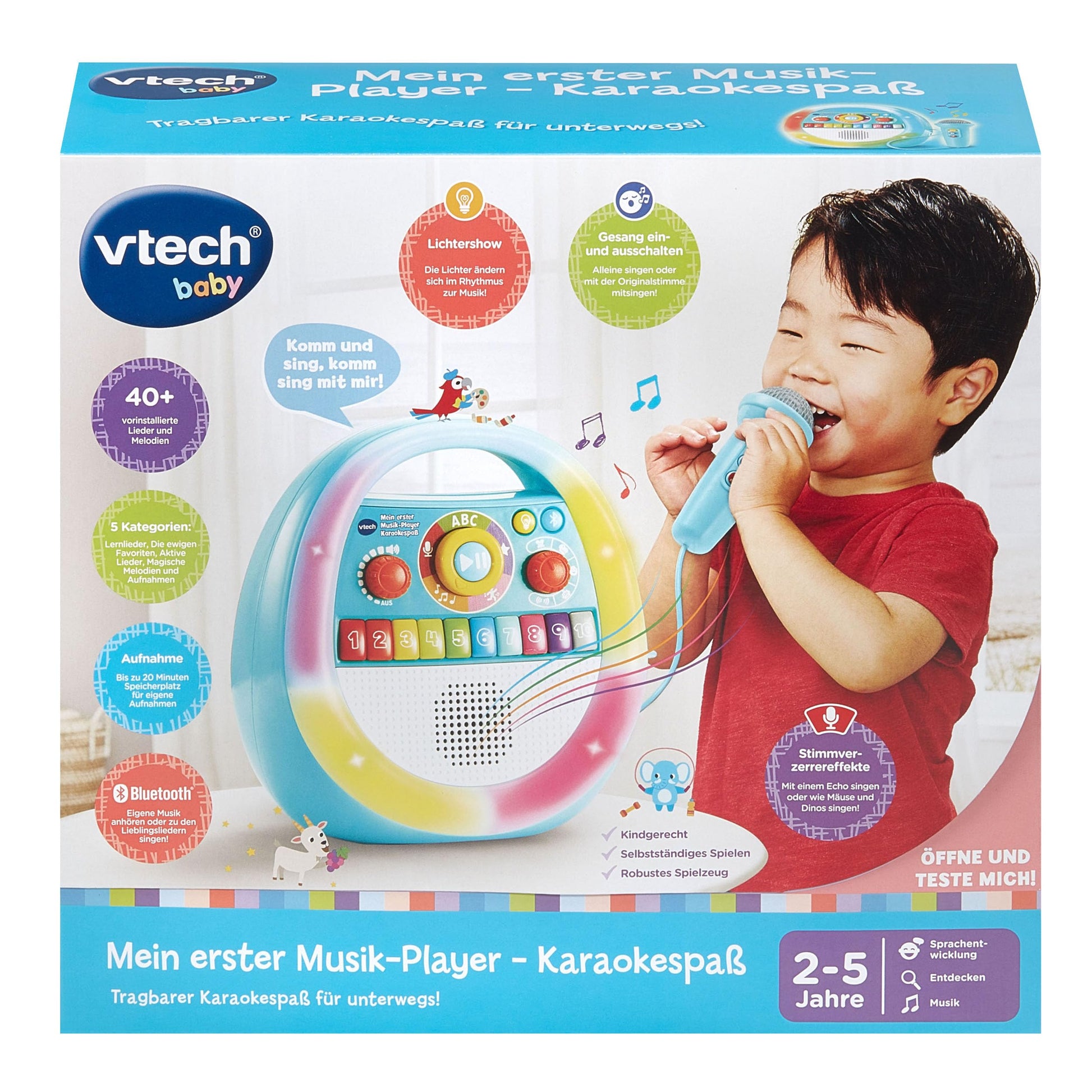 VTech My First Music Player with colorful buttons and microphone for karaoke fun, designed for young children.