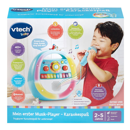 VTech My First Music Player with colorful buttons and microphone for karaoke fun, designed for young children.