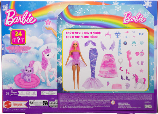 Barbie Advent Calendar with Doll & 24 Surprise Toy Accessories Including Unicorn & Pets, Transform Fashion Doll into Mermaid, Fairy & More, JFL66