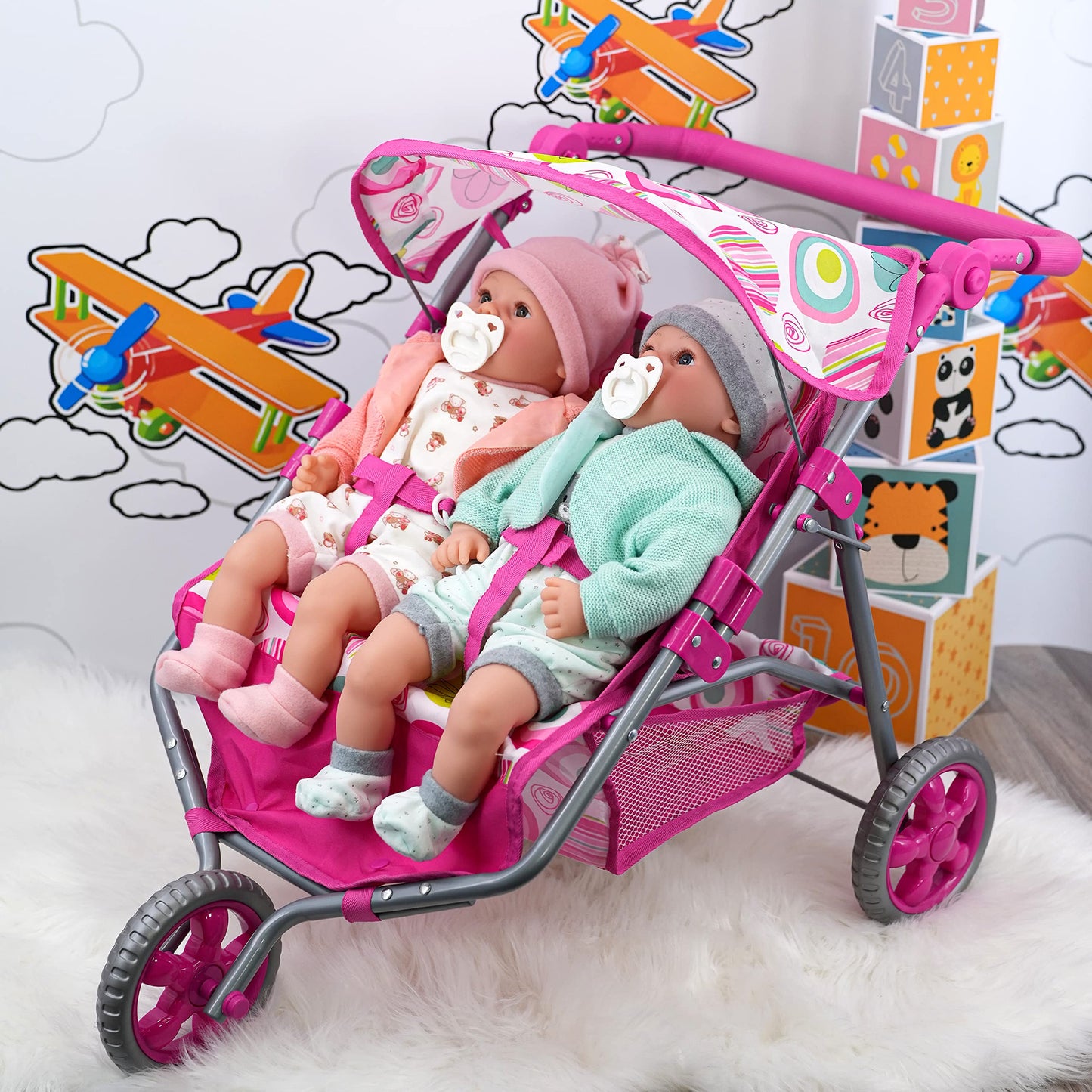 The Magic Toy Shop BiBi Doll Pink Twin Stroller, Ideal Twin Dolls Prams and Pushchairs - Adjustable Canopy and Handle, Under Storage Space, Collapsible - Dolls Double Buggy Toy Pram Double Dolls Pram