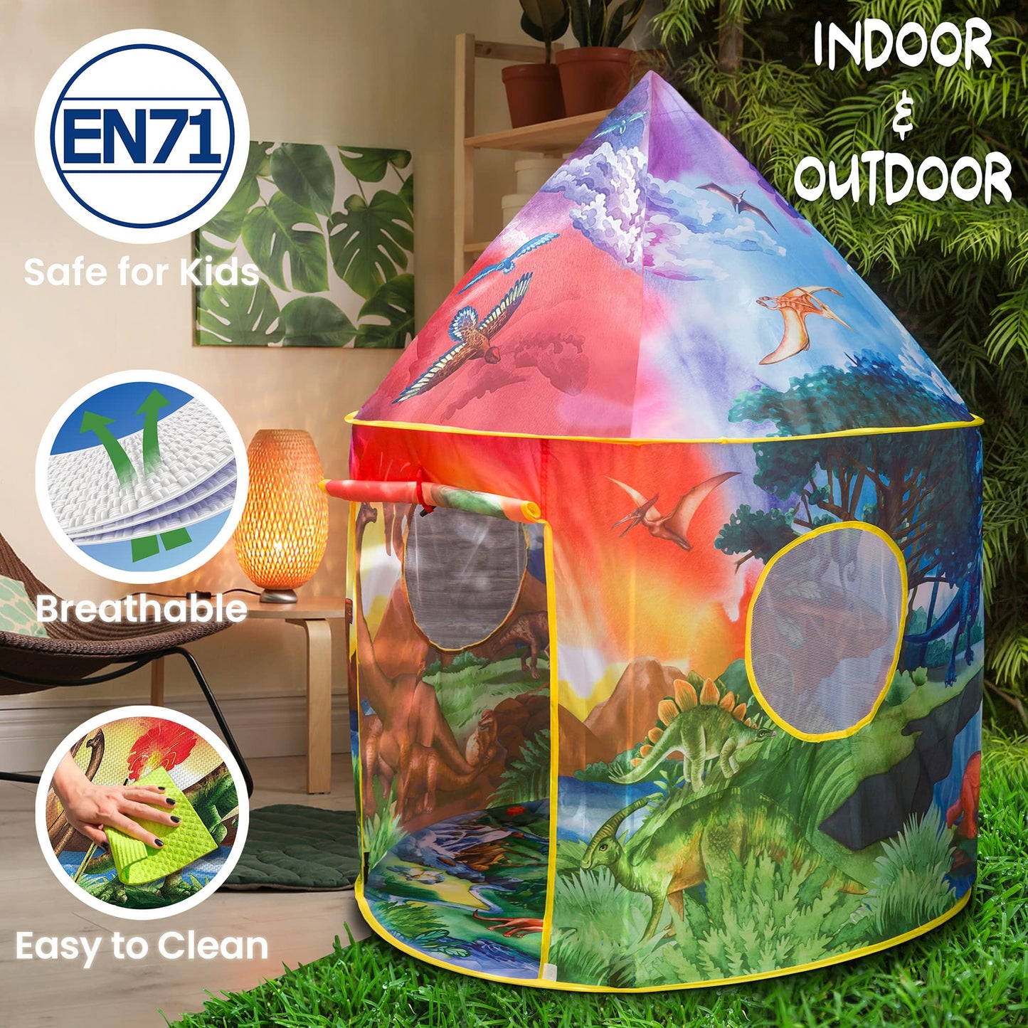 W&O Dinosaur Discovery Play Tent featuring a roar button, ideal for indoor and outdoor adventures for boys and girls.