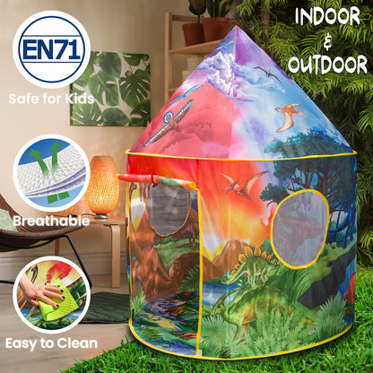 W&O Dinosaur Discovery Play Tent featuring a roar button, ideal for indoor and outdoor adventures for boys and girls.