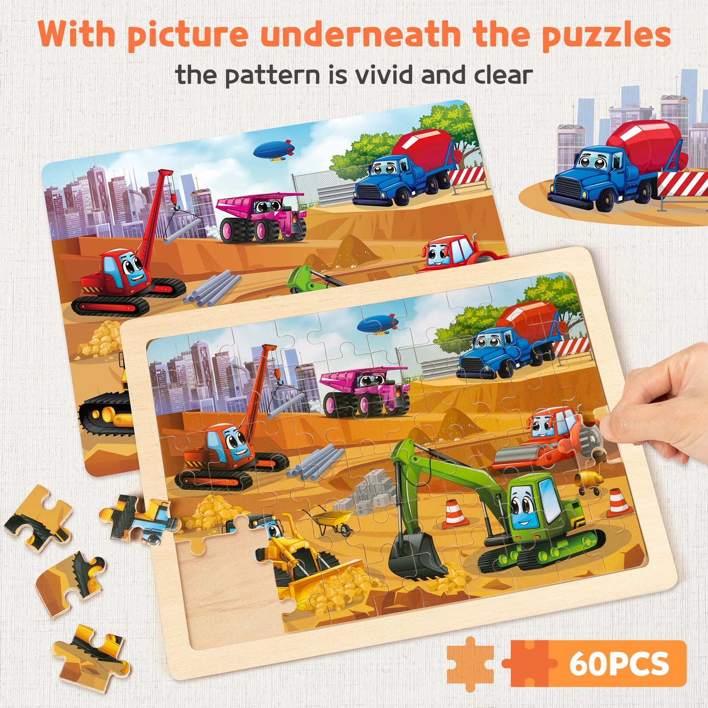 SYNARRY Wooden Vehicle Puzzles for Kids 3 4 5 6 7 8 Year Olds, 6 Packs 60 Piece Children’s Jigsaw Puzzles, Preschool Educational Toys Game Gifts for Toddlers Ages 4-8