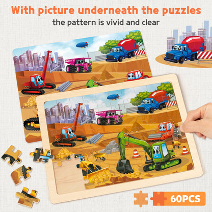 SYNARRY Wooden Vehicle Puzzles for Kids 3 4 5 6 7 8 Year Olds, 6 Packs 60 Piece Children’s Jigsaw Puzzles, Preschool Educational Toys Game Gifts for Toddlers Ages 4-8