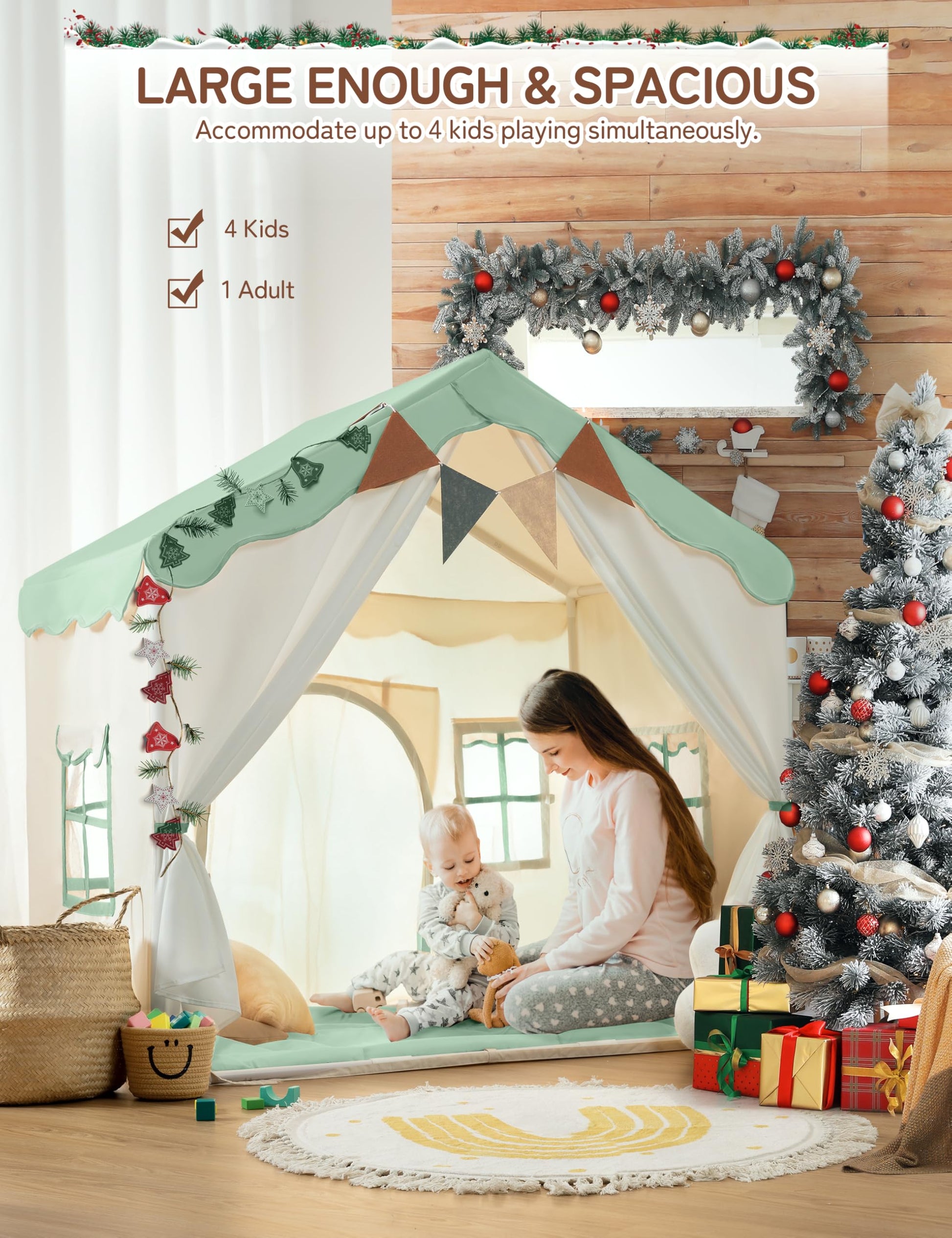 besrey 2-in-1 kids play house tent with lights and pad, green princess indoor tent for toddlers with two doors and spacious design