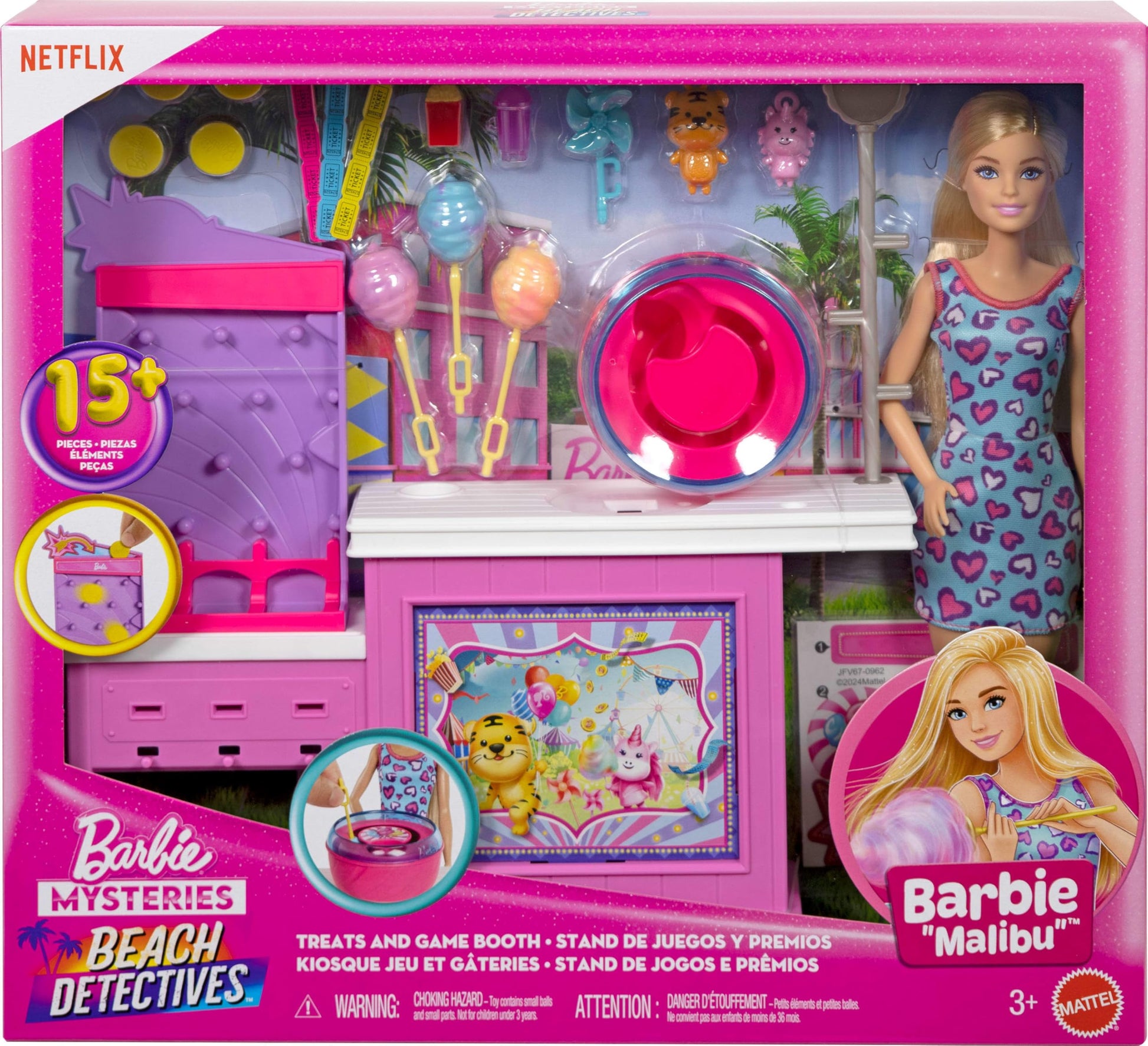 Barbie Mysteries Beach Detectives doll set featuring a cotton candy booth and 20 accessories for imaginative play.