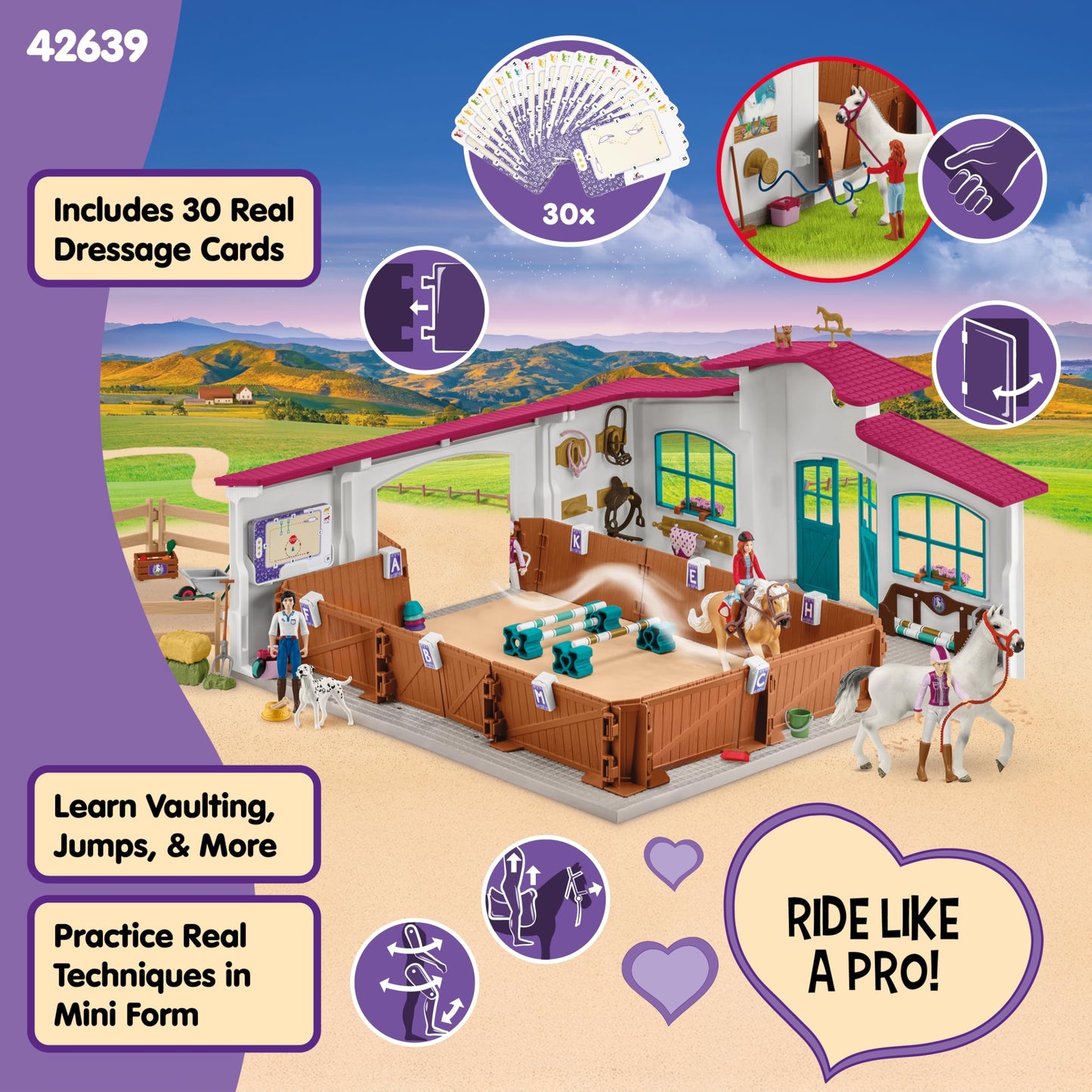 Schleich Horse Club - 179PC Peppertree Riding Arena Horse Playset with Real Dressage Cards - With Stable Set, 2 Horses, 3 Rider Figurines, Cards and Accessories - Toys for Girls & Boys Ages 5+ | 42639