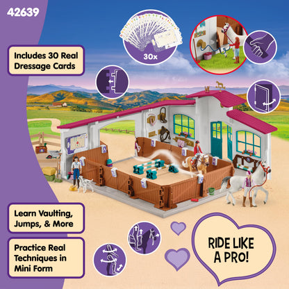 Schleich Horse Club - 179PC Peppertree Riding Arena Horse Playset with Real Dressage Cards - With Stable Set, 2 Horses, 3 Rider Figurines, Cards and Accessories - Toys for Girls & Boys Ages 5+ | 42639