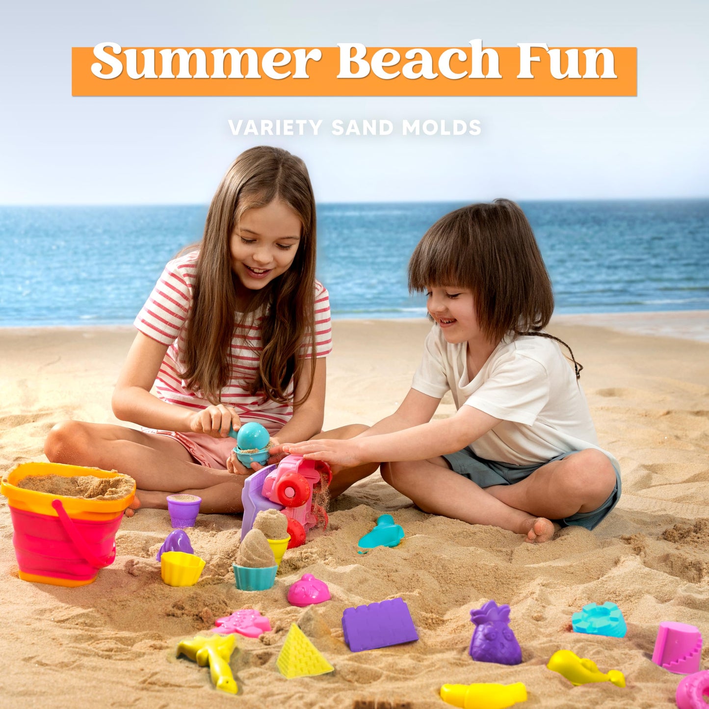 Sloosh Beach Sand Toys Set 24Pcs - Pink Dump Truck Car Toy with Sand Molds, Collapsible Buckets Mesh Bag Shovels Castle Ice Cream Mold for Ages Kids Toddlers Sandbox Toys Gifts Travel Vacation (Foods)