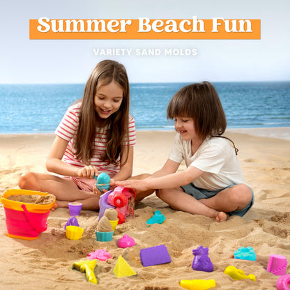 Sloosh Beach Sand Toys Set 24Pcs - Pink Dump Truck Car Toy with Sand Molds, Collapsible Buckets Mesh Bag Shovels Castle Ice Cream Mold for Ages Kids Toddlers Sandbox Toys Gifts Travel Vacation (Foods)