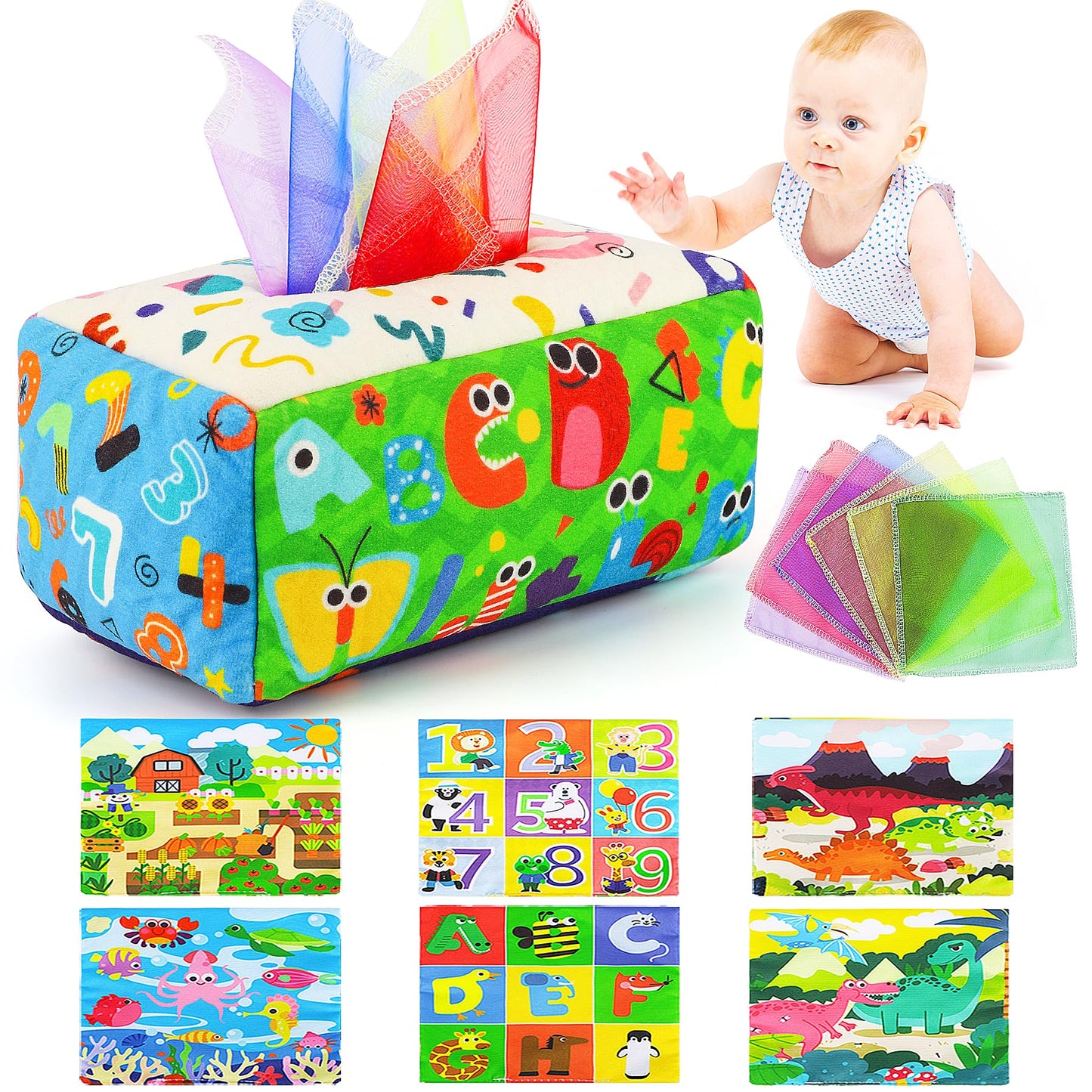 URMYWO Baby Toys 6 to 12 Months, Baby Tissue Box Toy, Sensory Toys for Babies, Toys for 1 Year Old Boy Girl, Soft Crinkle for Infant Toddlers, Stocking Stuffers, Baby Boy Girl Gifts