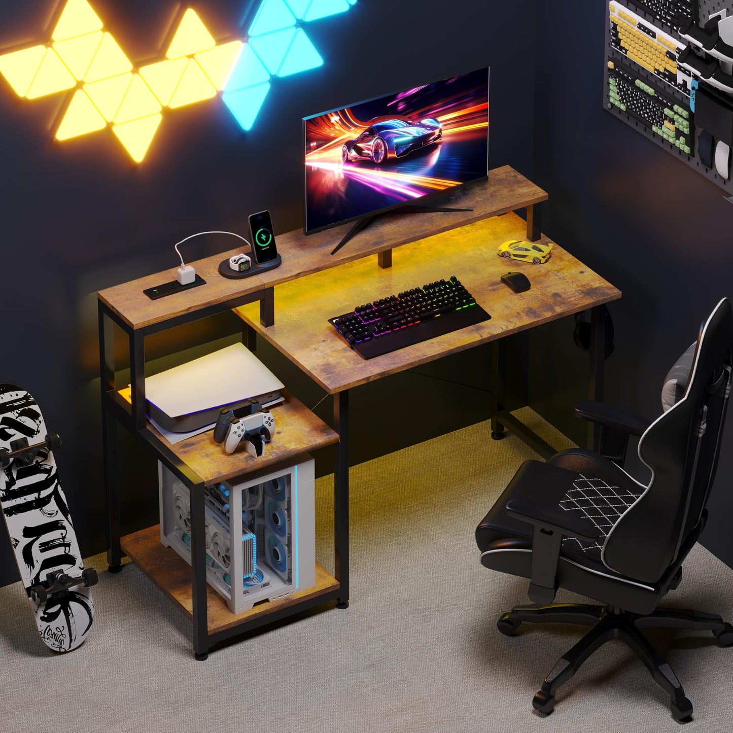 CAIYUN 48-inch brown computer desk with printer stand, power outlets, adjustable LED, monitor stand, and space for teen study or work.