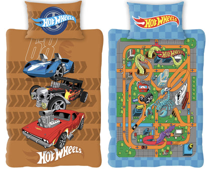 Hot Wheels single duvet cover featuring a Dino City design, reversible style, and included pillowcase in polycotton.