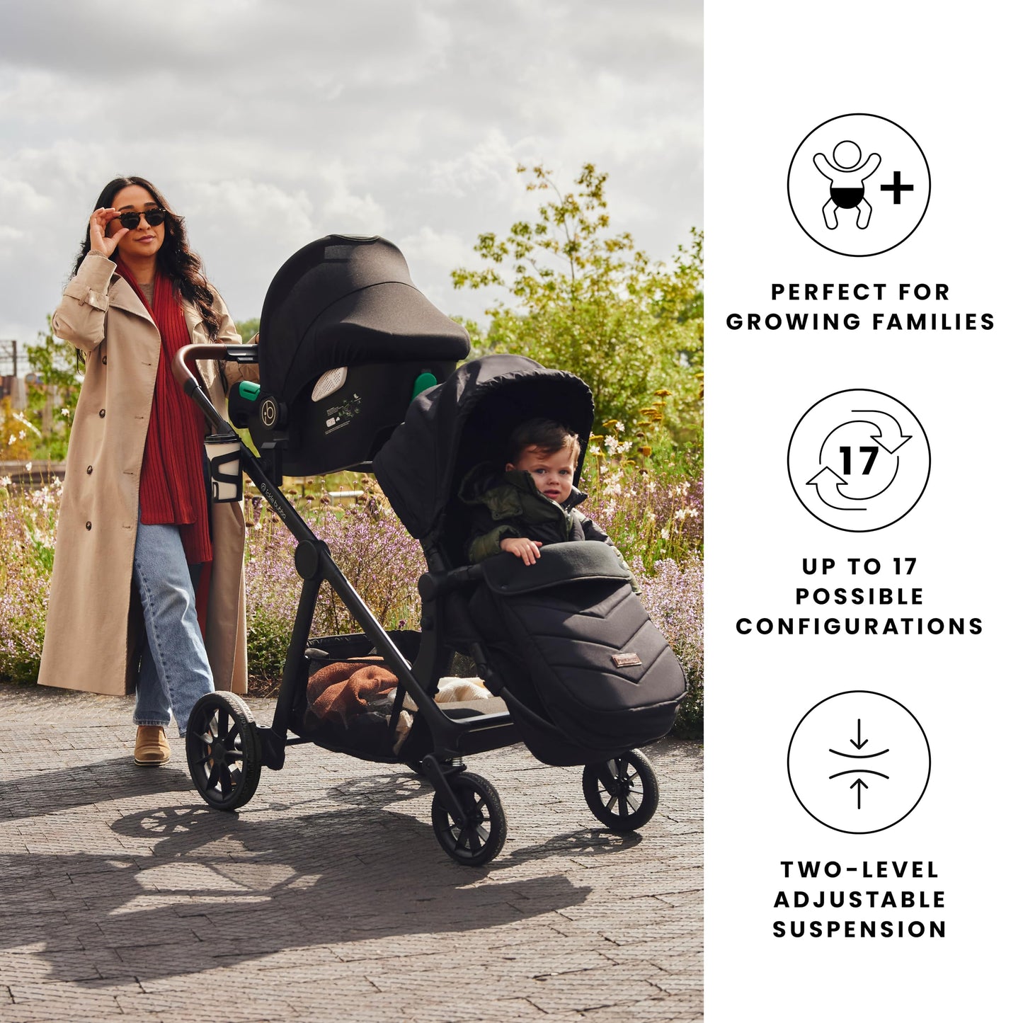 Ickle Bubba Virgo Growing Family 11 Piece Pram – Single to Double Tandem Pushchair with Carrycot, Footmuffs, Rain Covers & Accessories, Suitable from Birth (Stone)