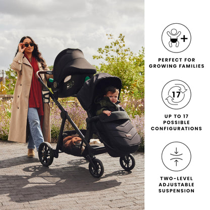 Ickle Bubba Virgo Growing Family 11 Piece Pram – Single to Double Tandem Pushchair with Carrycot, Footmuffs, Rain Covers & Accessories, Suitable from Birth (Stone)