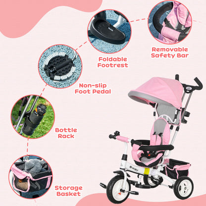 HOMCOM 6 in 1 Trike, Kids Tricycle, Pedal Push Bike w/Parent Handle, Removable Canopy, 5-Point Safety Belt, Storage, Footrest, Brake, for 1-5 Years Toddler, Pink