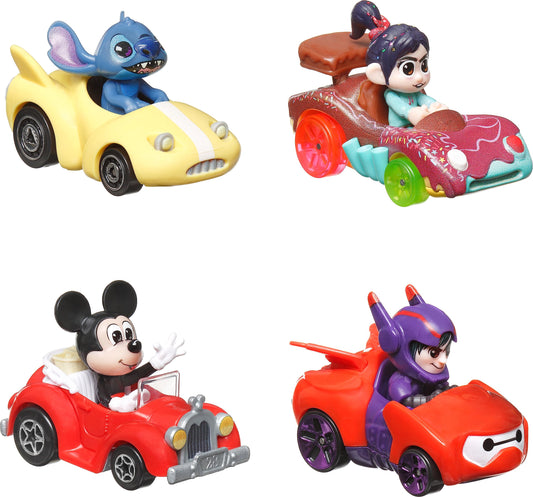 Hot Wheels RacerVerse, Set of 4 Die-Cast Disney Toy Cars Optimized for Hot Wheels Track with Popular Disney Characters as Drivers, HKD31