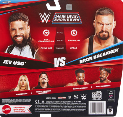 Mattel WWE Main Event Showdown Action Figures 2-Pack with Accessory, Series #25 Bron Breakker vs Jey Uso Collectible Set, 6-inch, JHJ57
