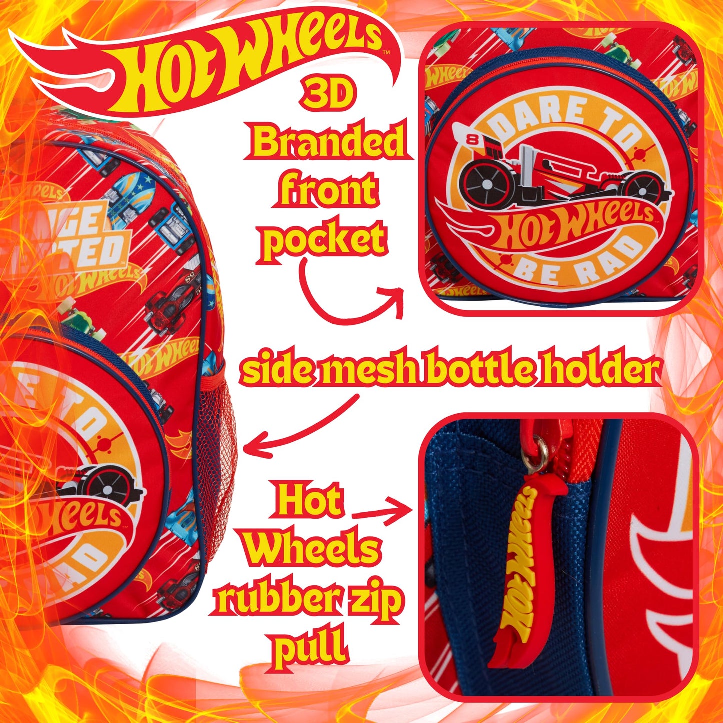 Hot Wheels Backpack For Kids Large Cars School Travel Sports Bag with Drinks Holder