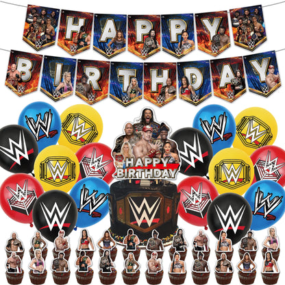 Wrestlinss Birthday Party Decorations Wrestling Party Supplies, Happy Birthday Banner, Balloons, Cake Toppers Decoration Cupcake Toppers