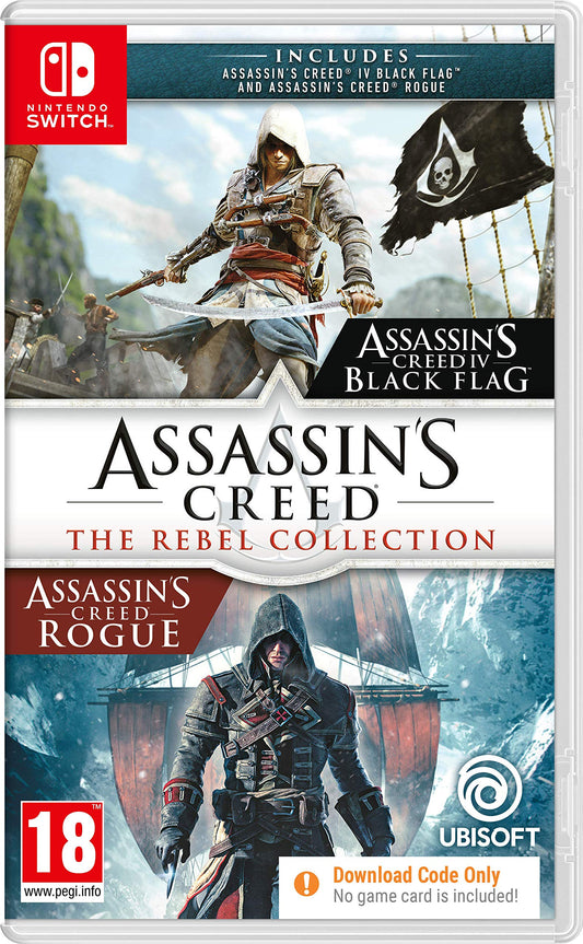 Assassins Creed Rebel Collection Nintendo Switch game case with artwork featuring characters and iconic scenes from Ubisoft.